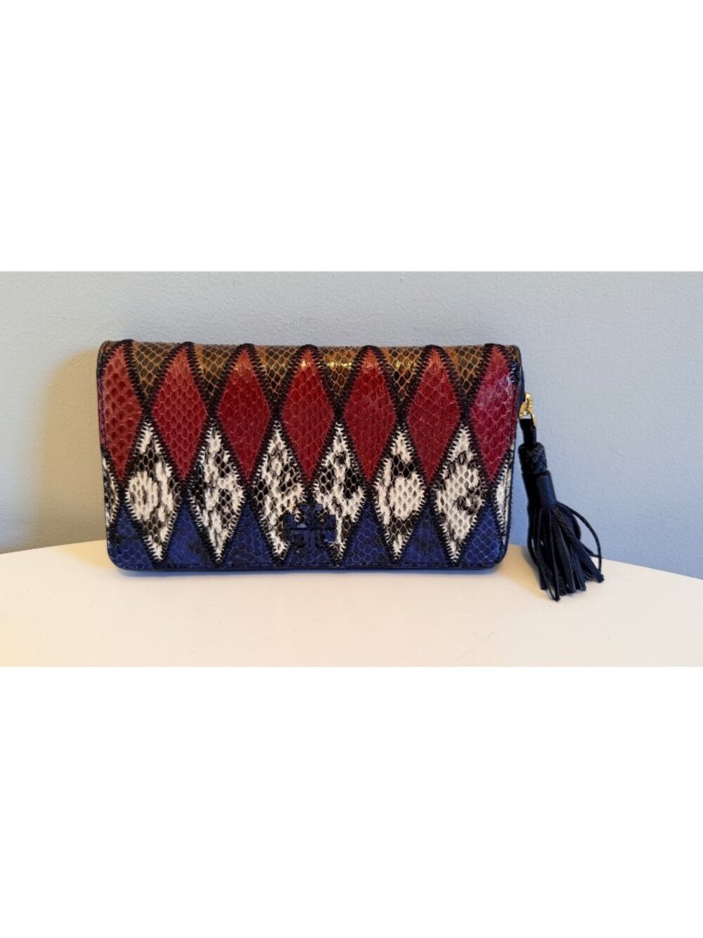 Tory Burch Taylor Zip Continental Wallet Snake-Embossed Leather Harlequin Tassel